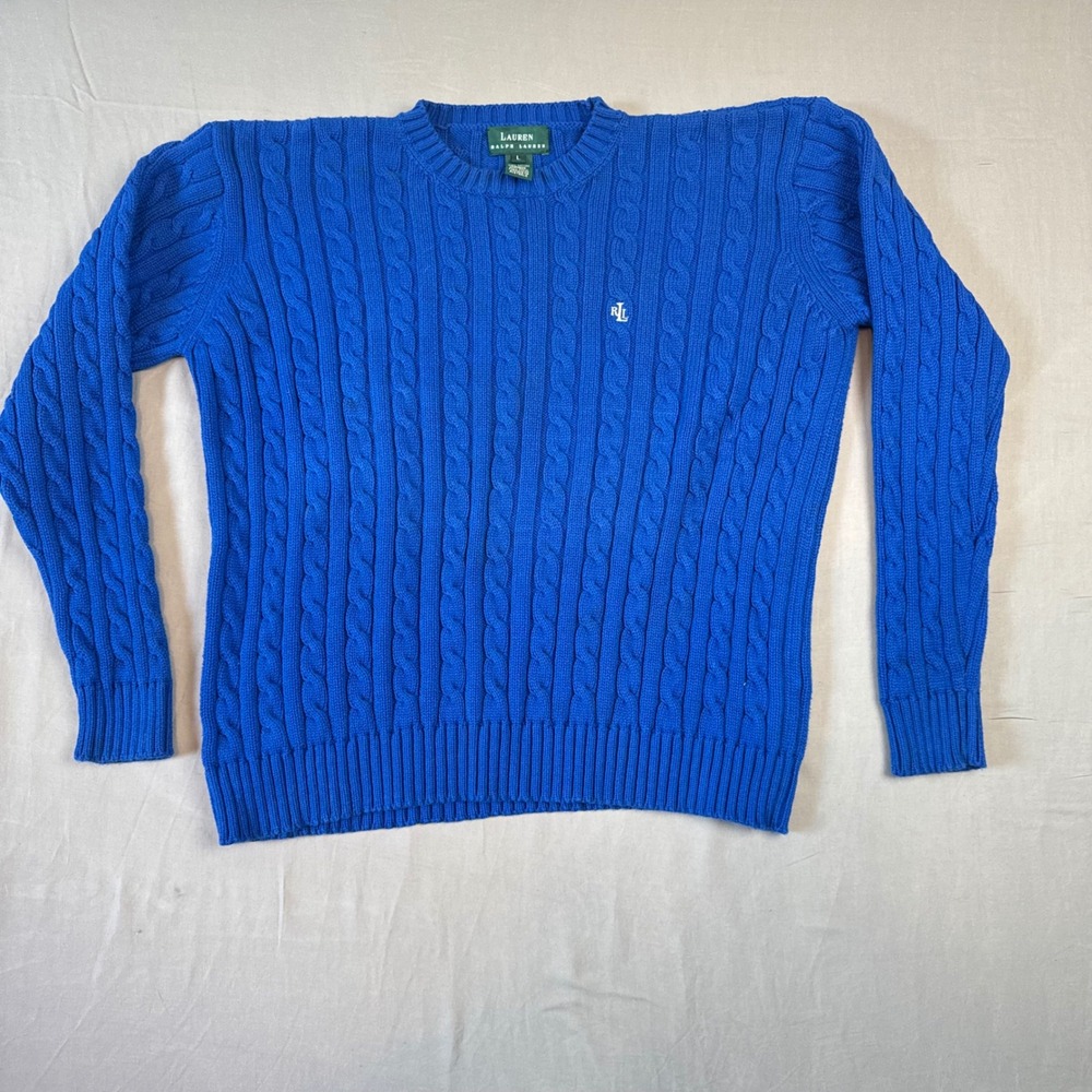 Lauren Ralph Lauren Sweater Women's Large Blue Crewneck Cable Knit Preppy